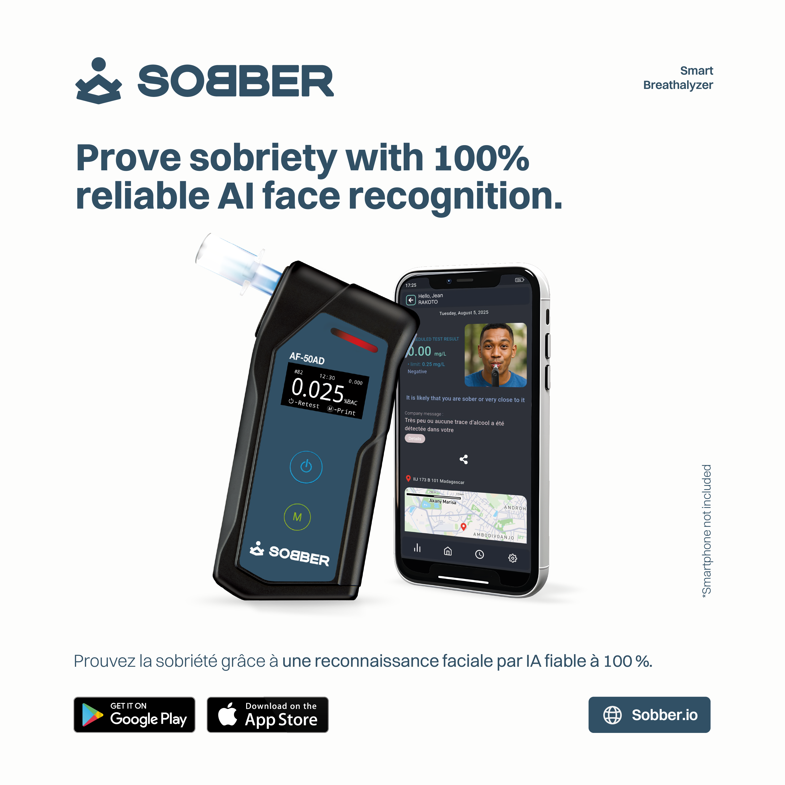 Sobber AF-50AD breathalyzer and mobile app